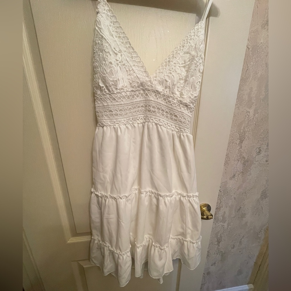 White Lace Mini Dress- Ties in the Back